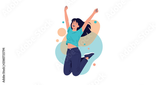 Energetic woman jumps for joy with her arms raised against a background of abstract colorful shapes and floating bubbles.