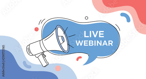White and blue megaphone icon with a speech bubble containing the text live webinar surrounded by abstract colorful shapes for online events.