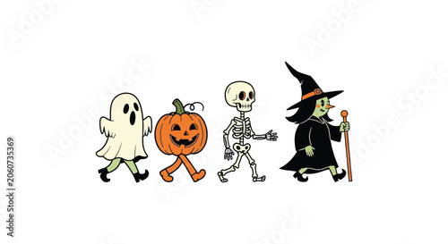 Obraz na plátně Halloween characters illustration featuring a ghost pumpkin skeleton and witch o