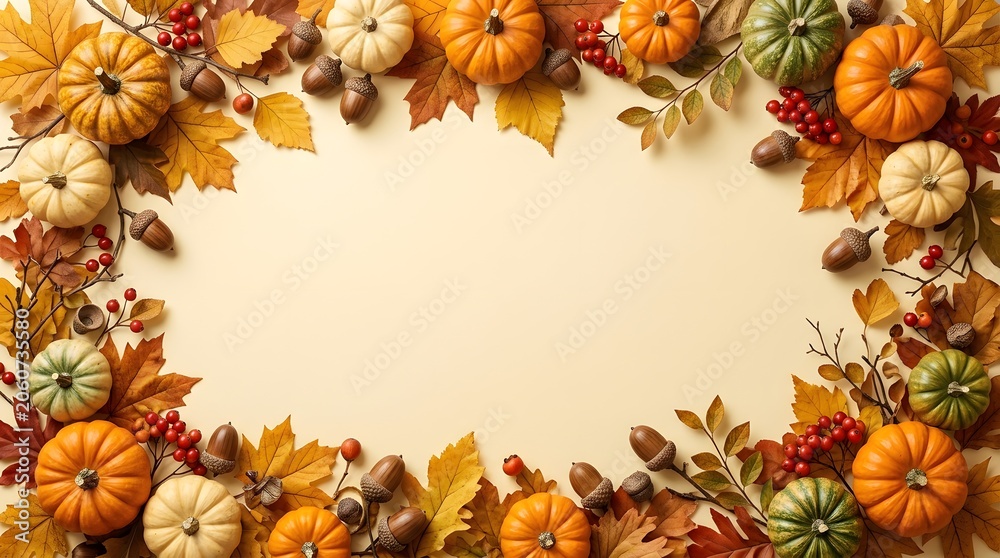 Fototapeta premium Autumn leaves border frame with colorful fall foliage background in warm natural style