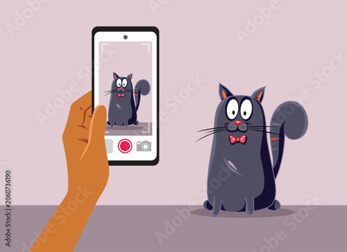 Hand Holding Phone Photographing Domestic Pet Cat Vector Illustration Graphic. Pet owner using smartphone camera takes picture of cute kitty 