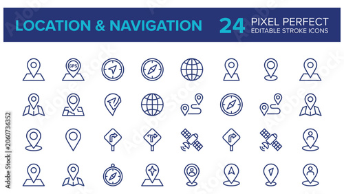 Location line icon set. Compass, travel, globe, map, geography, earth, distance, nearby range minimal vector illustration. 