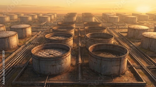 A wide-angle illustration of a national strategic petroleum reserve site during sunset, featuring industrial storage facilities with visibly reduced oil inventory