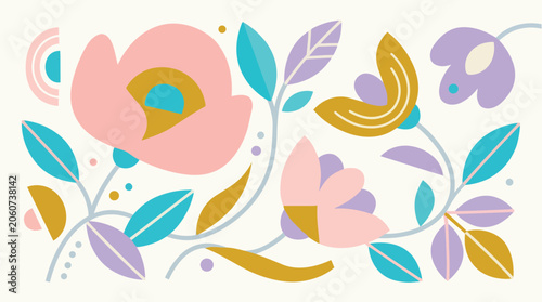 Fotografija Vibrant floral pattern with pink flowers leaves and stems on cream background