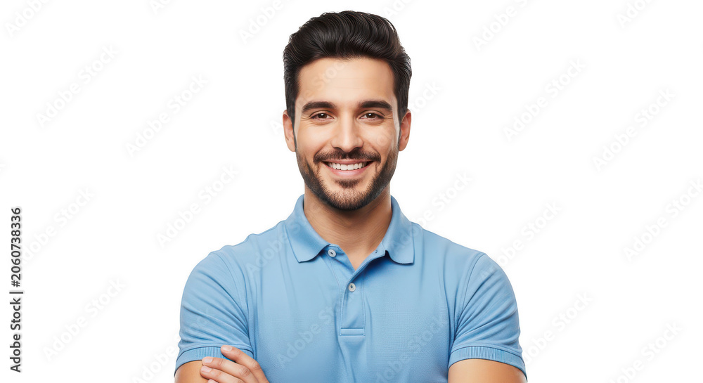 Fototapeta premium Smiling young man with beard wearing a blue polo shirt isolated on transparent background