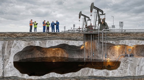 A cutaway illustration of underground salt cavern oil storage facilities revealing noticeably lower emergency crude oil reserves, with engineers conducting inspections above ground