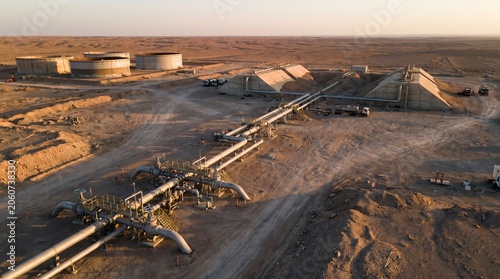 desert landscape featuring a strategic petroleum reserve complex with interconnected pipelines leading to underground storage sites experiencing reduced oil capacity
