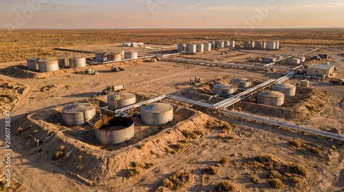 desert landscape featuring a strategic petroleum reserve complex with interconnected pipelines leading to underground storage sites experiencing reduced oil capacity