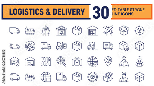 Boxes line icon set. Package, delivery, warehouse, truck, freight location tracking minimal vector graphics. Simple outline signs for logistics service. Blue duotone color. Editable Stroke.