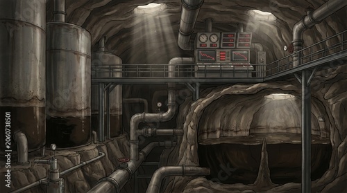 illustration of massive underground emergency oil storage caverns with visibly declining oil levels, industrial pipelines and monitoring systems showing reduced reserves