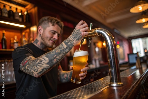 Tattooed bartender pours golden beer from tap