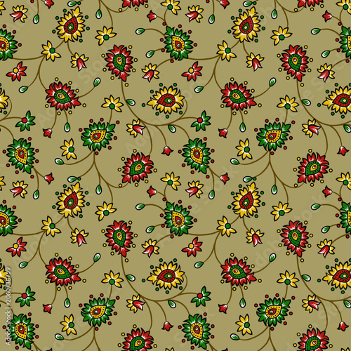 Картината върху платно Elegant all-over floral textile motif featuring red, green, and yellow blossoms, and stalk leaves on a vibrant olive background
