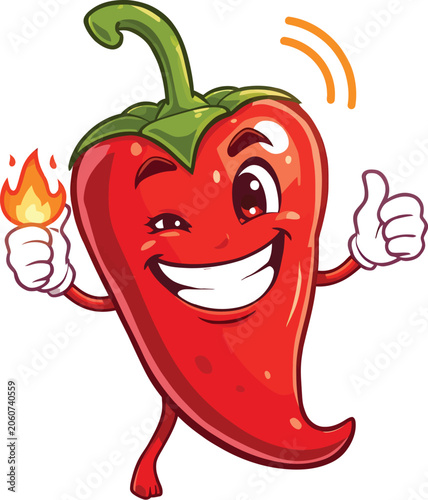 Cartoon chili pepper character flame thumbs‑up spicy fun concept