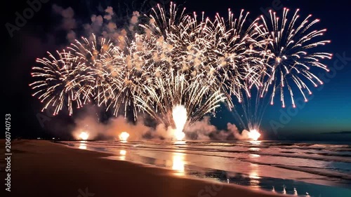 Vibrant fireworks exploding over a serene beach at dusk