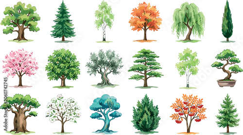 Watercolor Green and Autumn Forest Tree Icon Collection with Different Botanical Species Including Oak Pine Birch Cherry Blossom and Bonsai Vector for Nature Designs