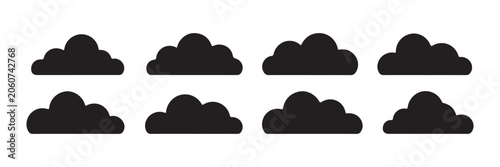 Fotografía Set of eight isolated black cloud silhouettes in various shapes for weather and nature design projects