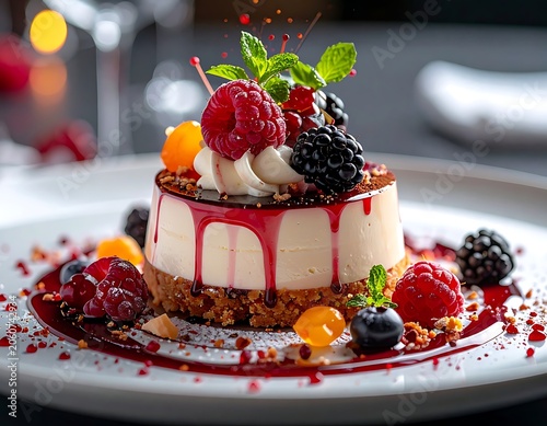 A creamy dessert topped with berries and garnished with mint (1)