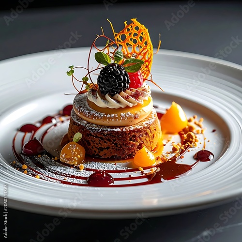 A decadent dessert on a white plate