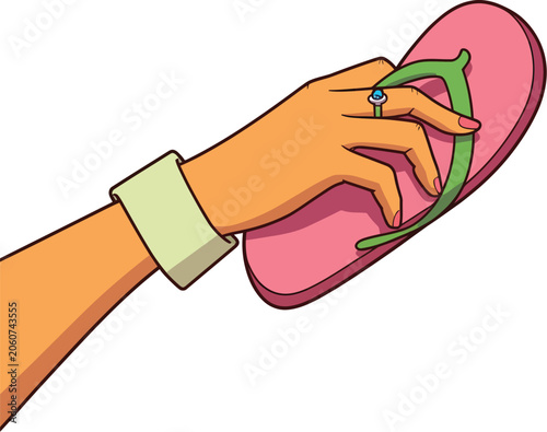 Hand holding flip‑flop sandal summer accessory cartoon design concept