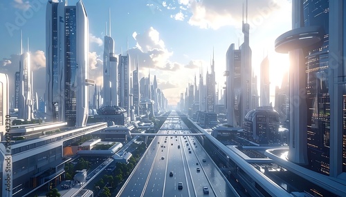 A futuristic cityscape with sleek skyscrapers and a busy highway