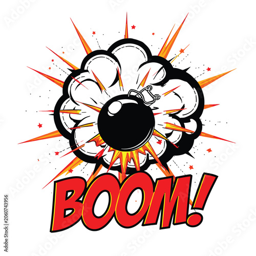 Comic bomb explosion BOOM text pop art dynamic blast concept