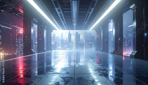 A futuristic corridor with neon lights and a shiny floor (1)