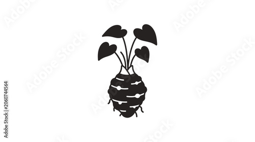 A minimalist black silhouette illustration of a celeriac root vegetable with leafy green stems.