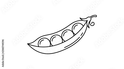 A simple black and white line art illustration of an open pea pod with three round peas inside.