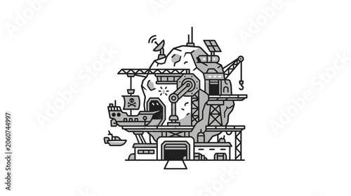 Obraz na plátne Detailed industrial space outpost built on a rocky asteroid.