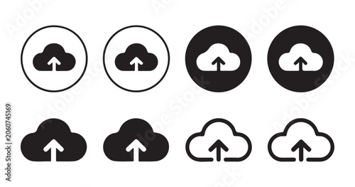 Cloud upload icon set featuring various styles from outline to solid circle for data storage service.