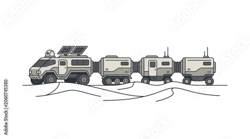 Konstfotografi Long modular futuristic habitat rover train on snowy ground.