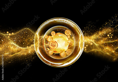 gold bubble and molecule background for cosmetics product