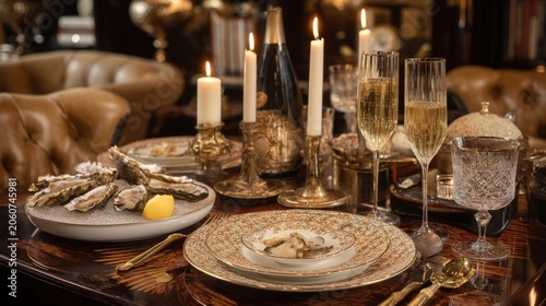Elegant dining setup with oysters, sparkling wine, and candles creating a luxurious atmosphere for a sophisticated dinner party or celebration