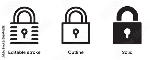 Cuadro en lienzo Lock icon variations editable stroke outline and solid padlock security symbol digital concept