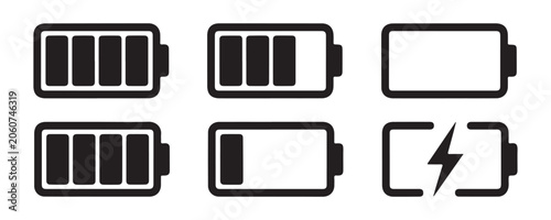 Quadro su tela Battery charge level indicator icon set with various power stages and charging symbol for ui ux design