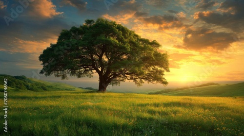 Majestic solitary tree standing in a vibrant green meadow with a breathtaking sunset illuminating the sky and creating a serene landscape atmosphere