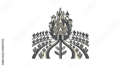 Bild auf Leinwand Stylized artichoke shaped castle surrounded by garden rows.