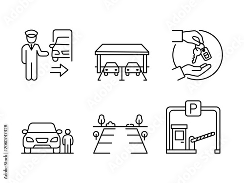 Car Parking and Valet Service Line Icon Set