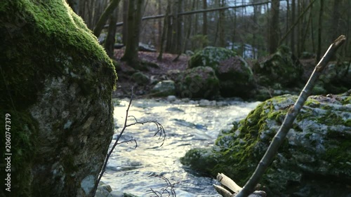 Hot spring steam rising in moss-covered rocky forest stream with natural geothermal water flow