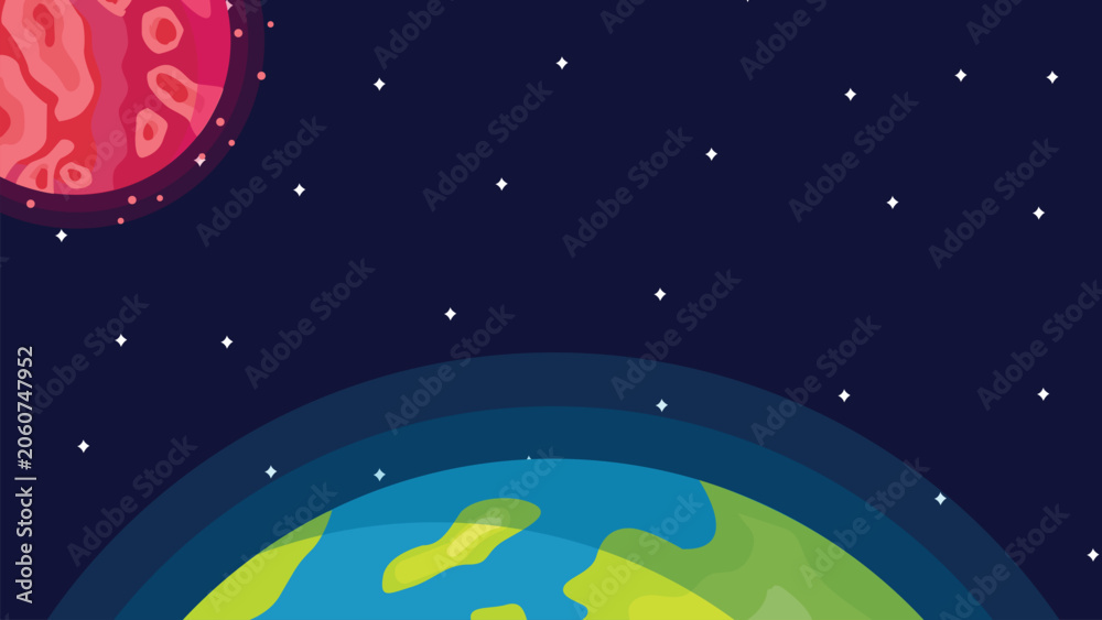 Naklejka premium Planet Earth and red moon in outer space flat vector background