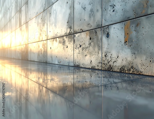 A weathered metallic wall with reflections on a shiny floor