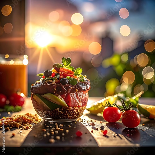 A vibrant salad bowl with fresh vegetables on a wooden table outdoors at sunset