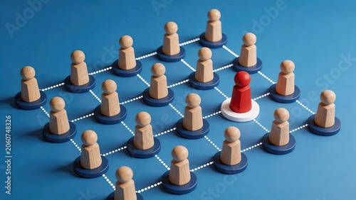 Network of wooden pawns connected by lines with a unique red leader figure standing out on white base, symbolizing leadership, influence, management, and social networking concept.