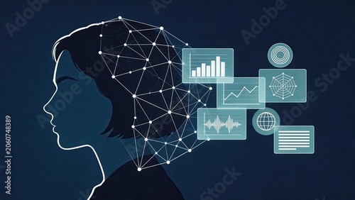 Silhouette of human head profile with digital neural network overlay and floating data charts, symbolizing cognitive computing, big data analysis, artificial intelligence, and