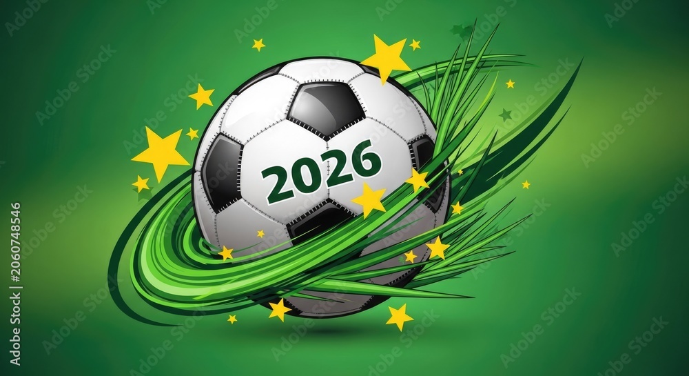 Naklejka premium Soccer ball with 2026 design flying on green field with stars