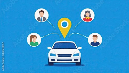 Ride sharing app concept illustration showing white car connected to multiple user profiles via location pin symbolizing taxi service transportation network and mobile booking
