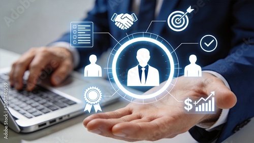 Business professional holding virtual human resources icons representing recruitment hiring management partnership and financial growth strategy for corporate success and team