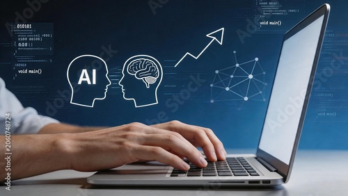Artificial intelligence and human brain collaboration concept, programmer typing code on laptop keyboard. Binary numbers, neural network connections, rising trend arrow, software