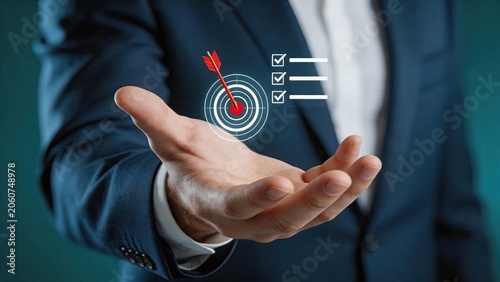Hand holding a target with arrow hitting the bullseye and checklist, business goal achievement and success strategy, leadership vision and project objective completion concept