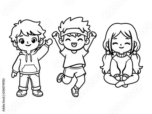 Chibi Kids Coloring Page Outline Set